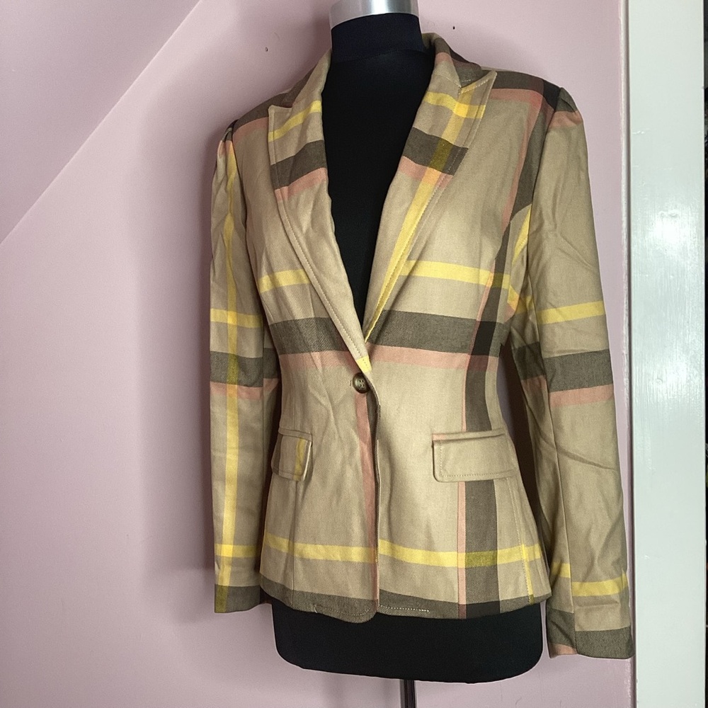 New York & Company Tan and Yellow Blazer Structured Silhouette